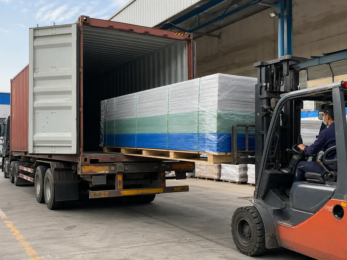 Sheet products being loaded into export container